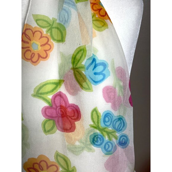 White Floral Scarf Sheer Poly Rectangular Colorful Arty Flowers Womens 60x12" - Picture 2 of 8